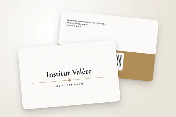 Modèle de carte cadeau « Institut Valère » (salons, instituts et spas, trame fine et filet, bronze) : recto et verso