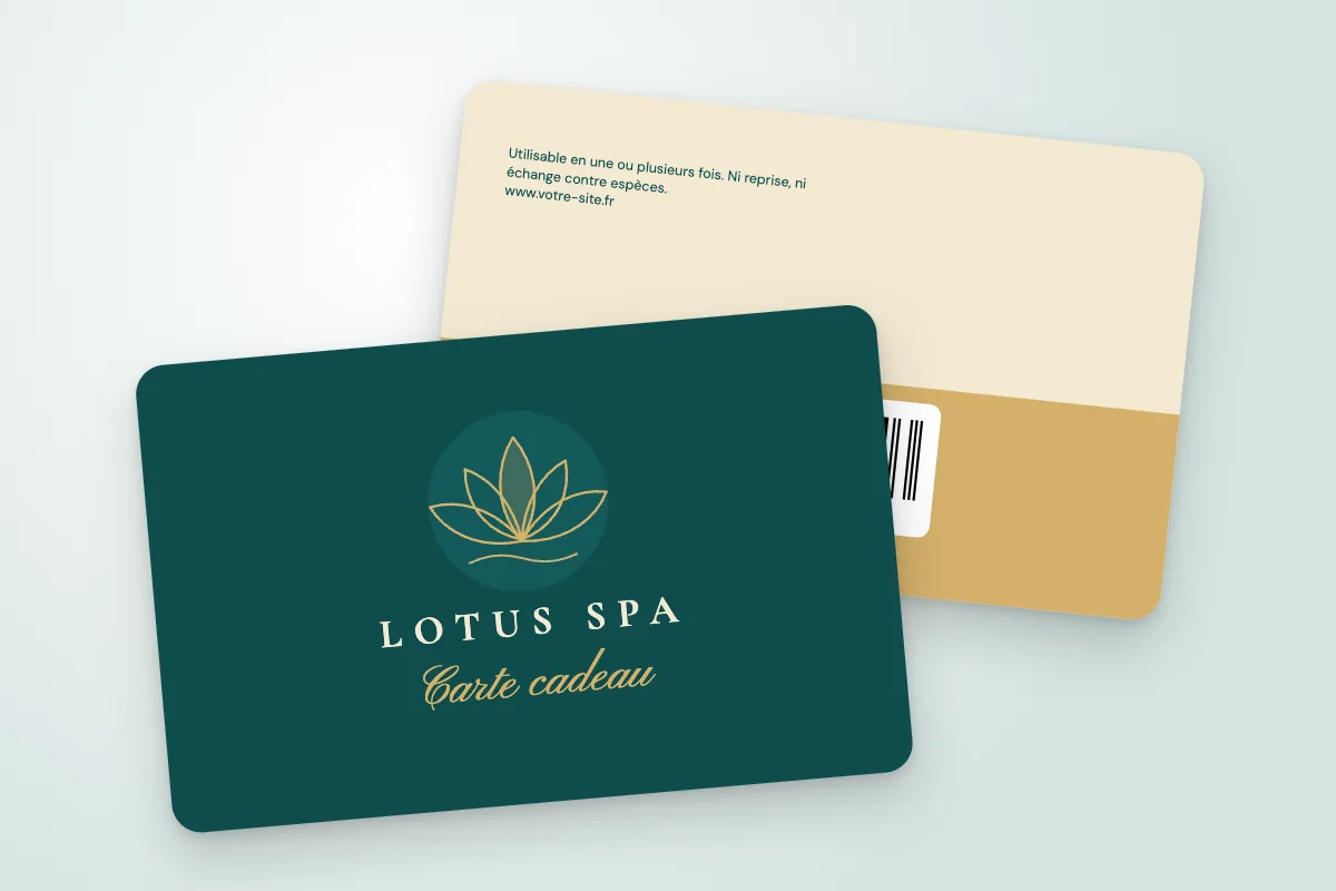 Modèle de carte cadeau « Lotus Spa » (salons, instituts et spas, lotus doré au trait, carte cadeau manuscrite) : recto et verso