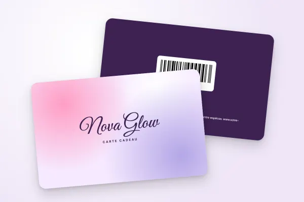 Modèle de carte cadeau « Nova Glow » (salons, instituts et spas, dégradé doux, écriture manuscrite) : recto et verso