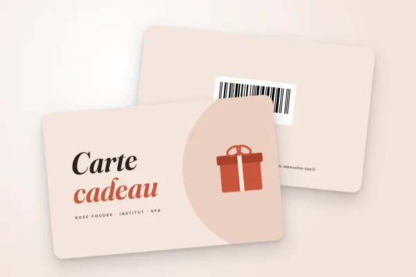 Modèle de carte cadeau « Rose Poudre » (salons, instituts et spas, « carte cadeau » en grandes lettres, paquet illustré) : recto et verso