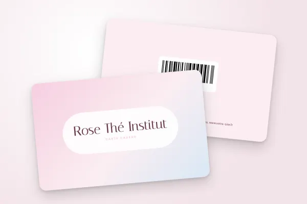 Modèle de carte cadeau « Rose Thé Institut » (salons, instituts et spas, dégradé pastel, pilule blanche) : recto et verso