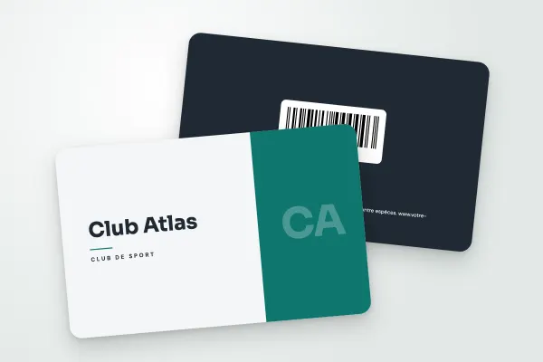 Modèle de carte cadeau « Club Atlas » (sport et bien-être, bloc d’initiales, ardoise et sarcelle) : recto et verso