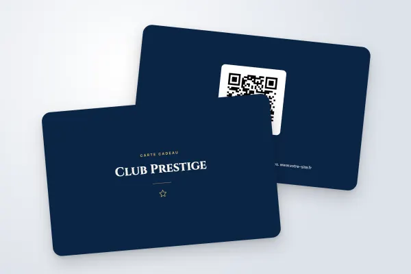 Modèle de carte cadeau « Club Prestige » (sport et bien-être, classique, marine et or) : recto et verso