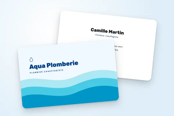 Modèle de carte de visite « Aqua Plomberie » (artisans et bâtiment, vagues bleues) : recto et verso