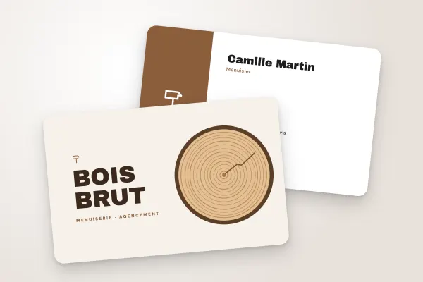 Modèle de carte de visite « Bois Brut » (artisans et bâtiment, tranche de bois illustrée) : recto et verso