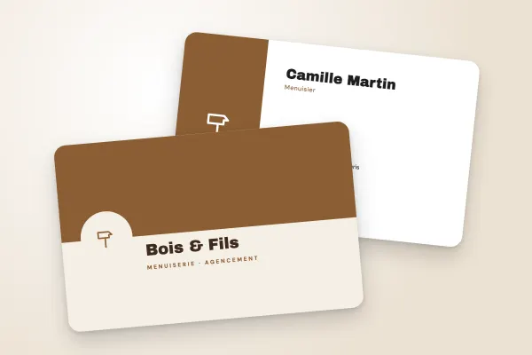 Modèle de carte de visite « Bois & Fils » (artisans et bâtiment, médaillon, bois) : recto et verso
