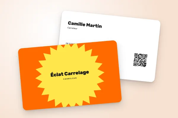 Modèle de carte de visite « Éclat Carrelage » (artisans et bâtiment, éclat pop, orange) : recto et verso