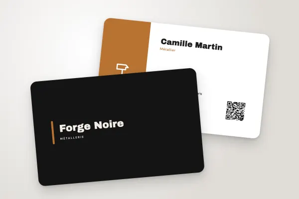 Modèle de carte de visite « Forge Noire » (artisans et bâtiment, barre cuivrée, noir) : recto et verso