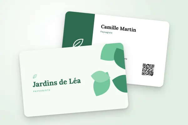 Modèle de carte de visite « Jardins de Léa » (artisans et bâtiment, feuillage) : recto et verso