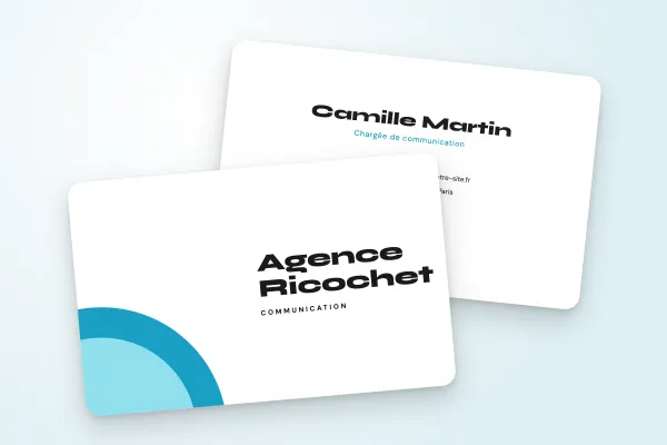 Modèle de carte de visite « Agence Ricochet » (conseil et créatifs, arrondis turquoise) : recto et verso