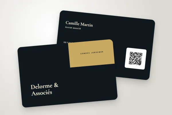 Modèle de carte de visite « Delorme & Associés » (conseil et créatifs, bloc d’angle, nuit et or) : recto et verso