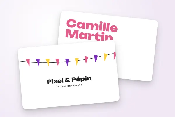Modèle de carte de visite « Pixel & Pépin » (conseil et créatifs, fanions colorés) : recto et verso