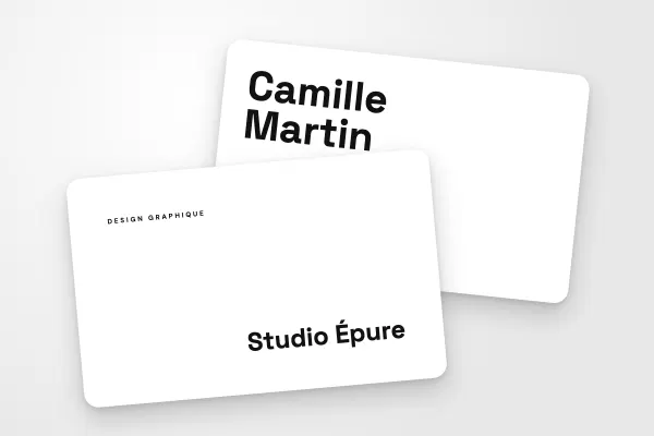 Modèle de carte de visite « Studio Épure » (conseil et créatifs, nom en bas à droite, noir et blanc) : recto et verso