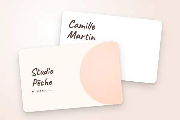 Modèle de carte de visite « Studio Pêche » (conseil et créatifs, disque pastel, manuscrit) : recto et verso