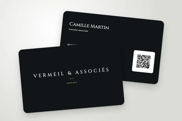 Modèle de carte de visite « Vermeil & Associés » (conseil et créatifs, capitales espacées, nuit et or) : recto et verso