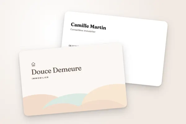 Modèle de carte de visite « Douce Demeure » (immobilier, nuages pastel) : recto et verso