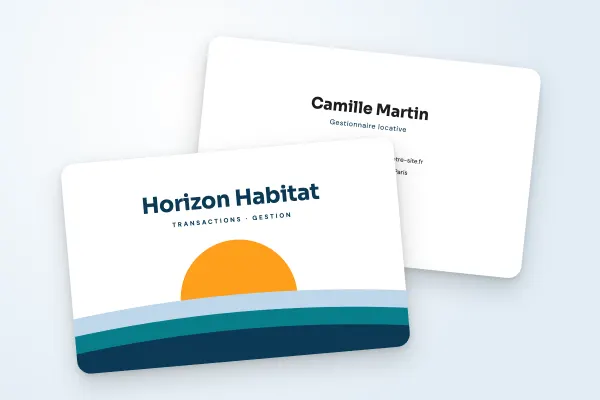 Modèle de carte de visite « Horizon Habitat » (immobilier, lever de soleil) : recto et verso