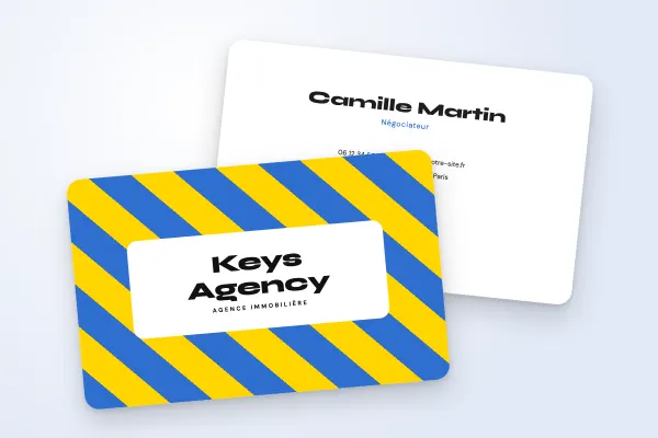 Modèle de carte de visite « Keys Agency » (immobilier, rayures pop, bleu et jaune) : recto et verso