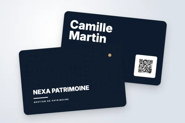 Modèle de carte de visite « Nexa Patrimoine » (immobilier, quadrillage, nuit et or) : recto et verso