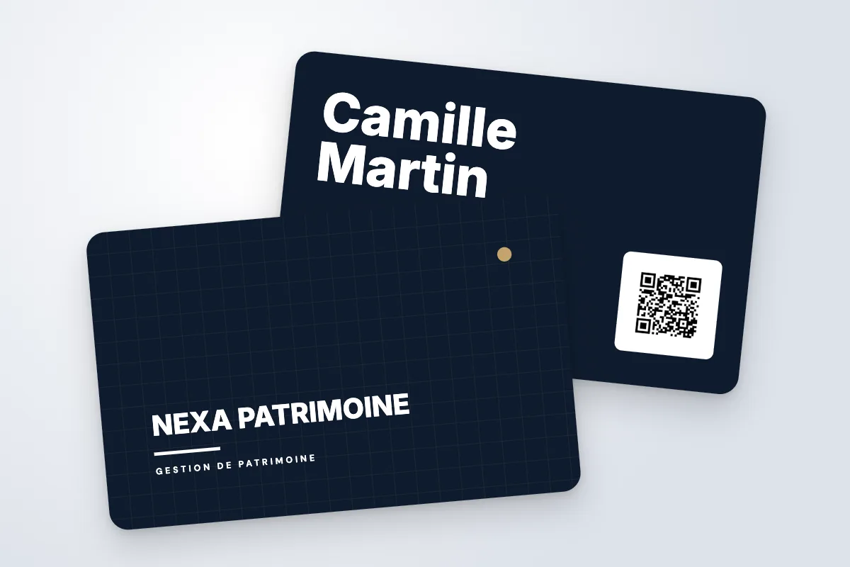 Modèle de carte de visite « Nexa Patrimoine » (immobilier, quadrillage, nuit et or) : recto et verso