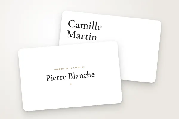 Modèle de carte de visite « Pierre Blanche » (immobilier, épuré, serif et or) : recto et verso