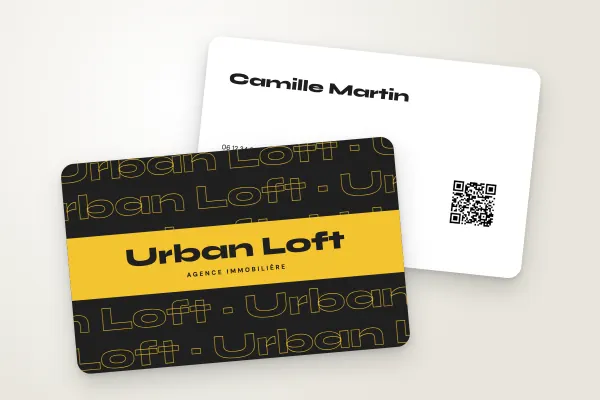 Modèle de carte de visite « Urban Loft » (immobilier, nom répété, jaune) : recto et verso