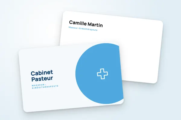 Modèle de carte de visite « Cabinet Pasteur » (santé et bien-être, grand cercle bleu) : recto et verso