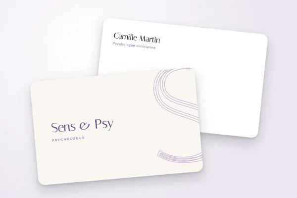 Modèle de carte de visite « Sens & Psy » (santé et bien-être, monogramme, lavande) : recto et verso