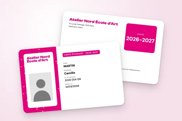 Modèle de carte étudiant « Atelier Nord École d’Art » (art et formation, motif, magenta) : recto et verso