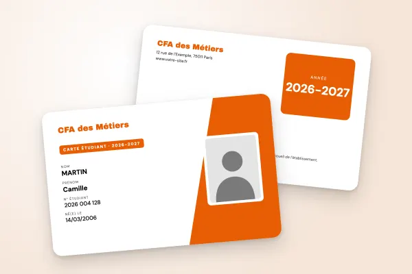 Modèle de carte étudiant « CFA des Métiers » (art et formation, bloc oblique, photo encadrée, orange) : recto et verso