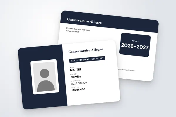 Modèle de carte étudiant « Conservatoire Allegro » (art et formation, moitié couleur, photo encadrée, nuit) : recto et verso