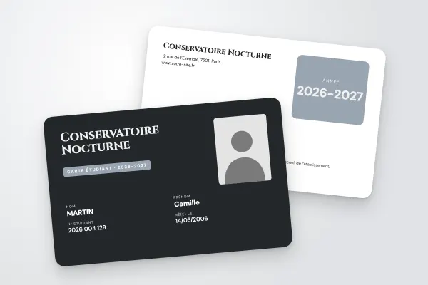 Modèle de carte étudiant « Conservatoire Nocturne » (art et formation, nom en grand, champs sur deux colonnes, anthracite et argent) : recto et verso