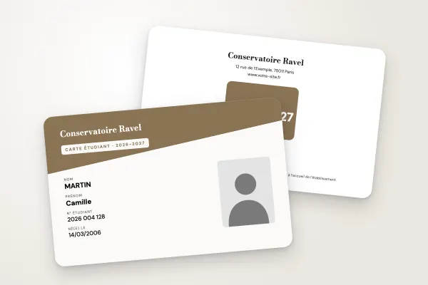 Modèle de carte étudiant « Conservatoire Ravel » (art et formation, en-tête diagonal, bronze) : recto et verso