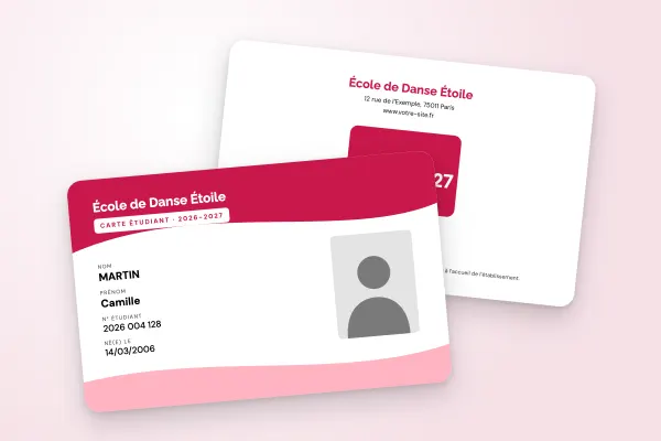 Modèle de carte étudiant « École de Danse Étoile » (art et formation, vagues, framboise) : recto et verso