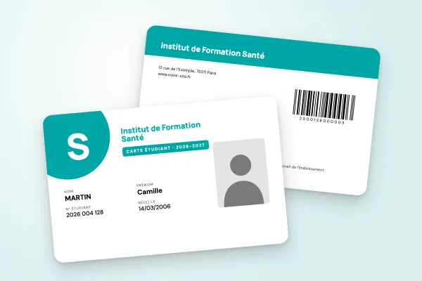 Modèle de carte étudiant « Institut de Formation Santé » (art et formation, grande initiale, turquoise) : recto et verso