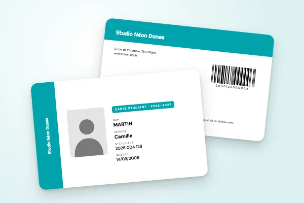 Modèle de carte étudiant « Studio Néon Danse » (art et formation, bande latérale, nom vertical, turquoise et jaune) : recto et verso