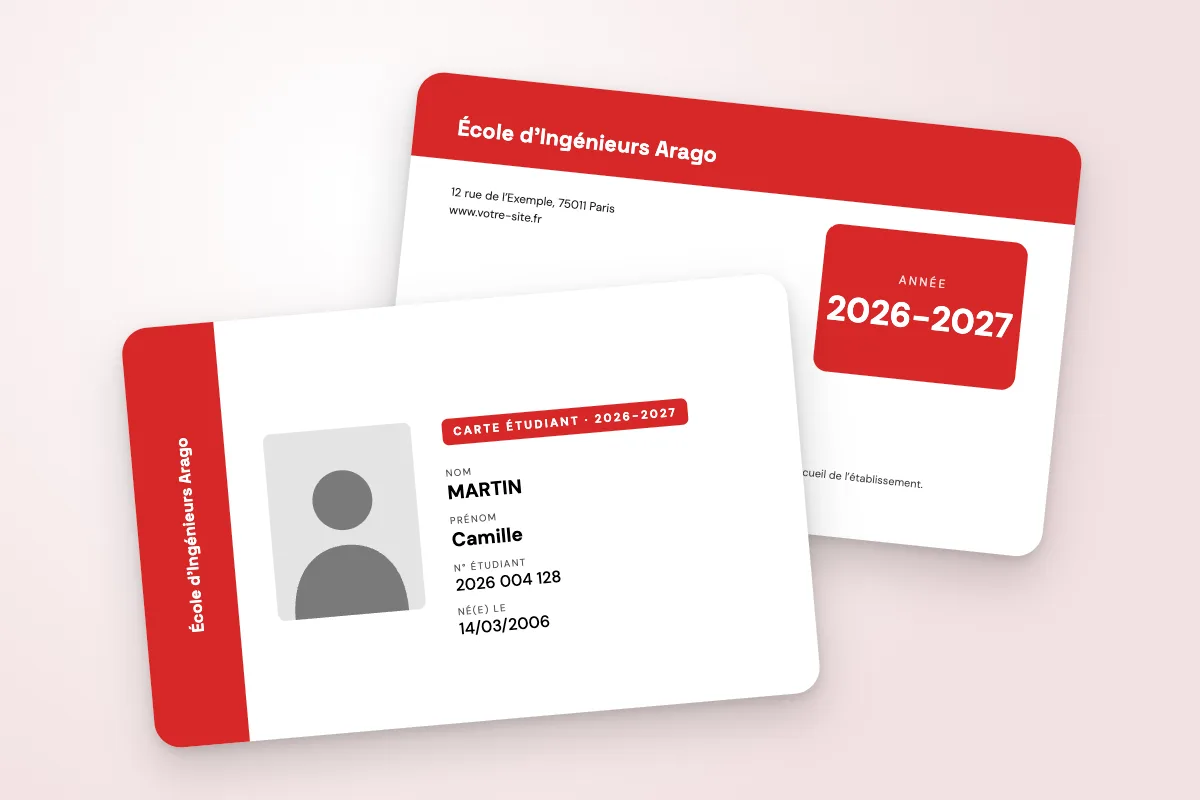 Modèle de carte étudiant « École d’Ingénieurs Arago » (grandes écoles, bande latérale, nom vertical, rouge) : recto et verso