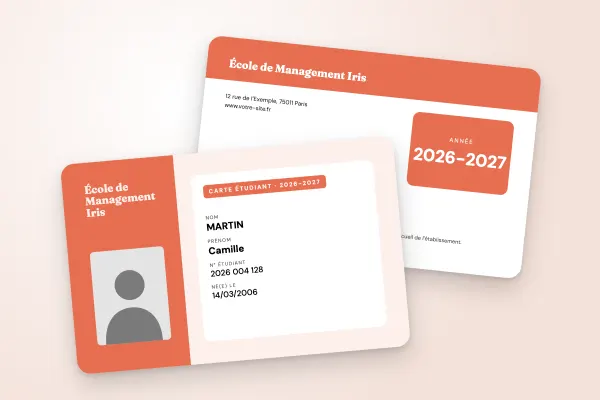 Modèle de carte étudiant « École de Management Iris » (grandes écoles, colonne, corail) : recto et verso