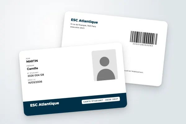 Modèle de carte étudiant « ESC Atlantique » (grandes écoles, bandeau bas, bleu nuit) : recto et verso