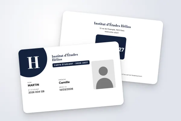 Modèle de carte étudiant « Institut d’Études Hélios » (grandes écoles, grande initiale, bleu nuit) : recto et verso