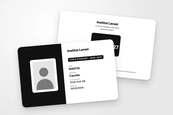 Modèle de carte étudiant « Institut Lenoir » (grandes écoles, moitié couleur, photo encadrée, noir et blanc) : recto et verso