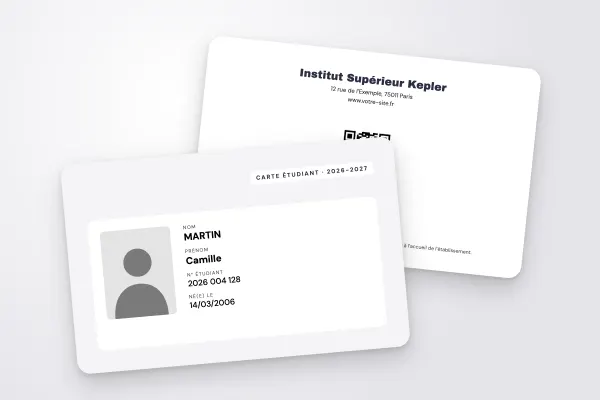 Modèle de carte étudiant « Institut Supérieur Kepler » (grandes écoles, fond couleur, panneau clair, anthracite) : recto et verso