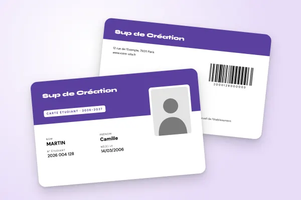 Modèle de carte étudiant « Sup de Création » (grandes écoles, deux tons, photo à cheval, violet) : recto et verso