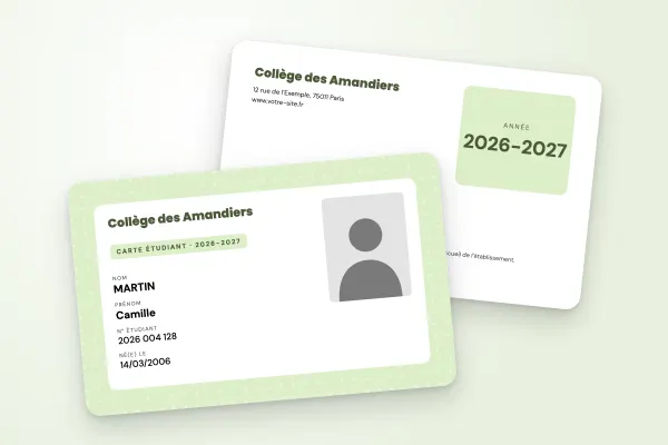 Modèle de carte étudiant « Collège des Amandiers » (lycées et collèges, motif plein, panneau clair, vert amande) : recto et verso