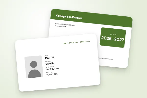 Modèle de carte étudiant « Collège Les Érables » (lycées et collèges, fond couleur, panneau clair, vagues vertes) : recto et verso