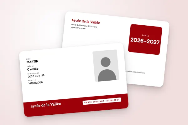 Modèle de carte étudiant « Lycée de la Vallée » (lycées et collèges, bandeau bas, rouge) : recto et verso