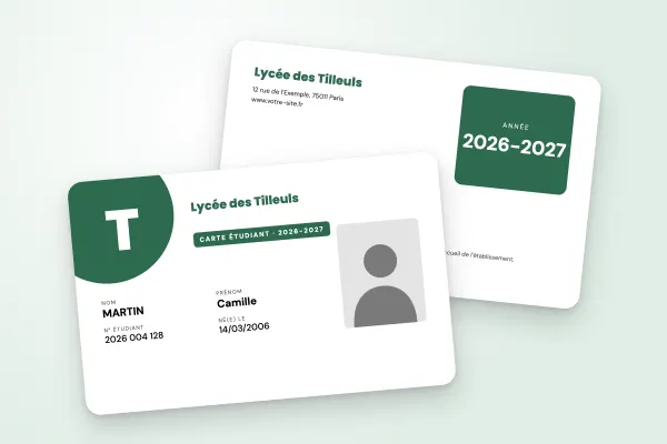 Modèle de carte étudiant « Lycée des Tilleuls » (lycées et collèges, grande initiale, vert forêt) : recto et verso