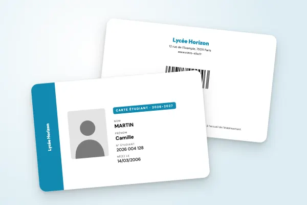 Modèle de carte étudiant « Lycée Horizon » (lycées et collèges, bande latérale, nom vertical, bleu pétrole) : recto et verso