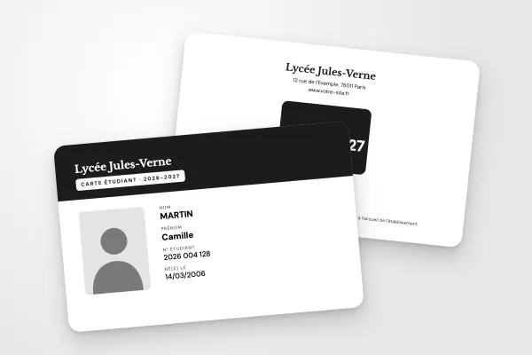 Modèle de carte étudiant « Lycée Jules-Verne » (lycées et collèges, bandeau, noir et blanc) : recto et verso