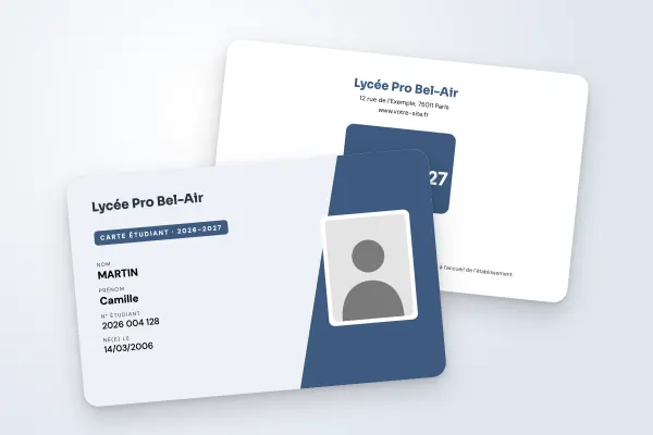 Modèle de carte étudiant « Lycée Pro Bel-Air » (lycées et collèges, bloc oblique, photo encadrée, bleu acier) : recto et verso